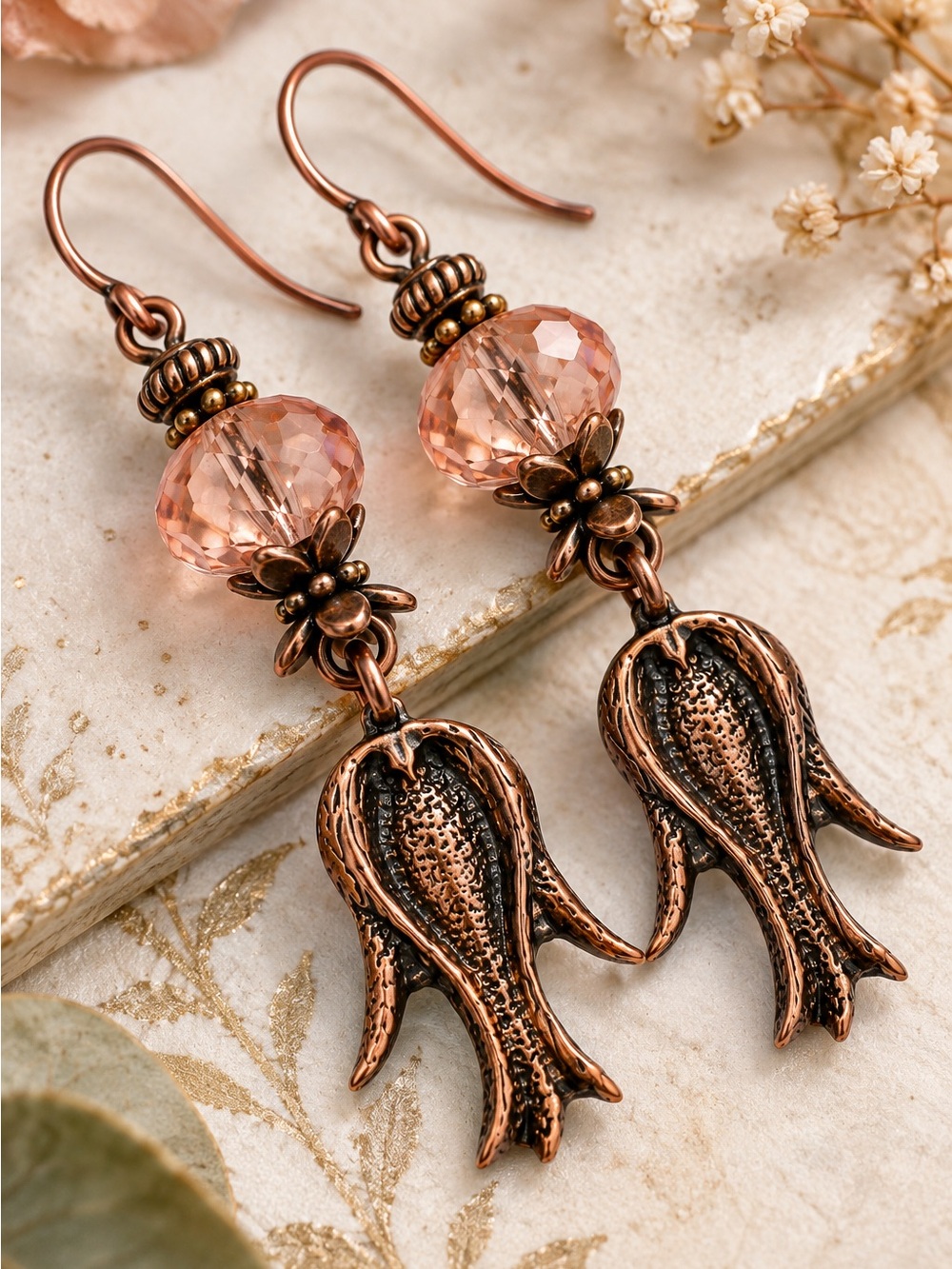 Antique Copper Tulip Earrings, Peach Faceted Czech Glass, Boho Dangle Earrings